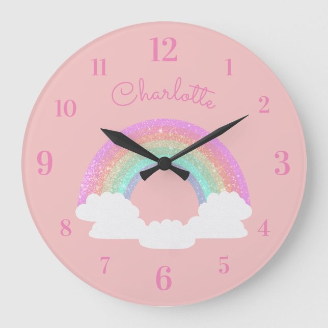 Pastel Glitter Rainbow with Custom Name on Pink Large Clock (Front)
