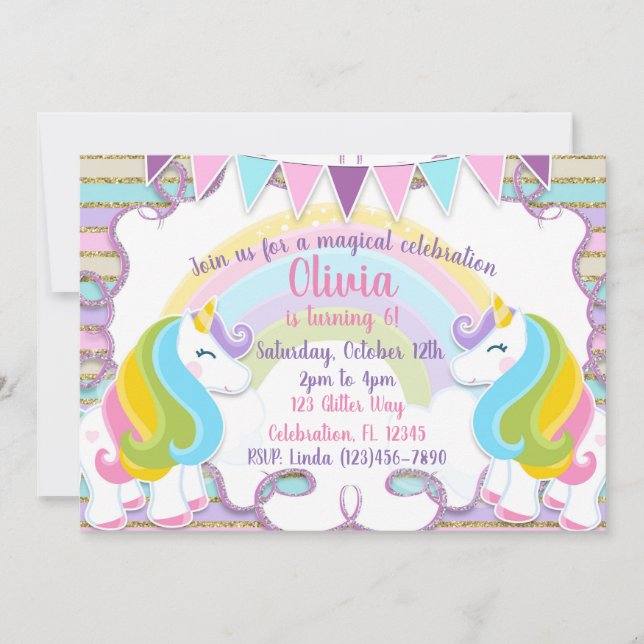 Pastel Glitter Unicorns Girls Birthday Invitation (Front)