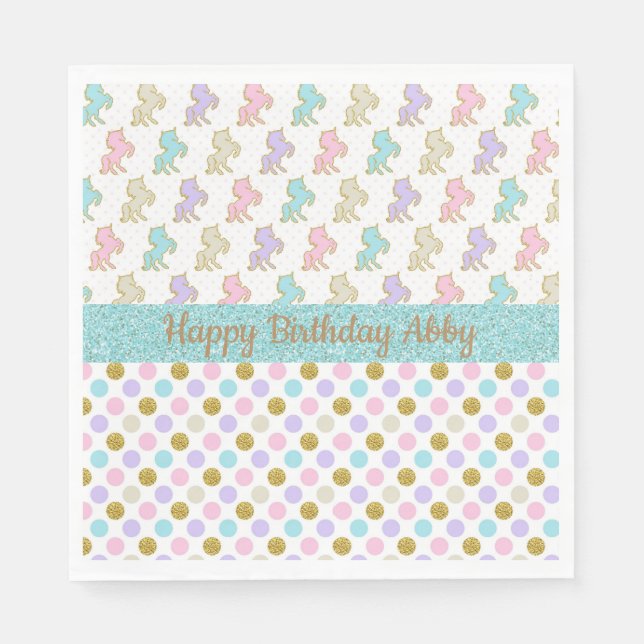 Pastel Glitter Unicorns Polka Dots Party Napkins (Front)