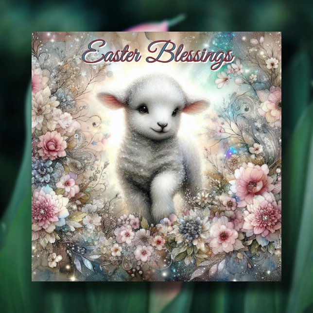 Pastel Glitter Watercolor Lamb Floral Easter Holiday Card (Creator Uploaded)