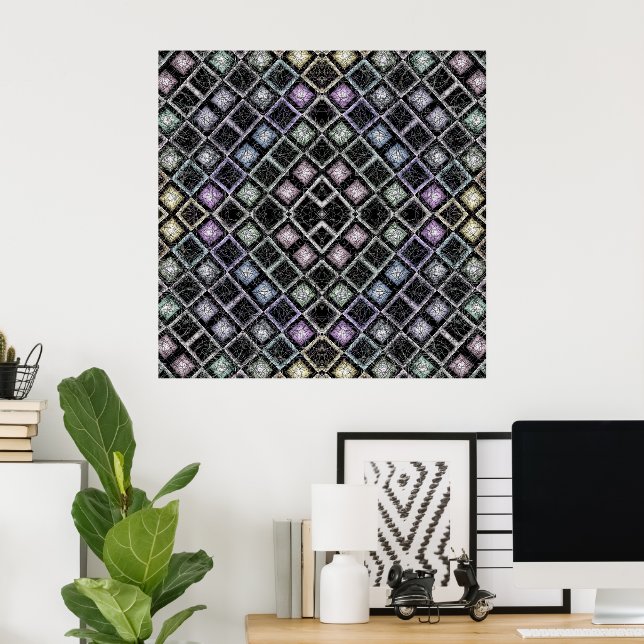 Pastel Glow Mosaic Mandala with Silver Lattice Poster (Home Office)