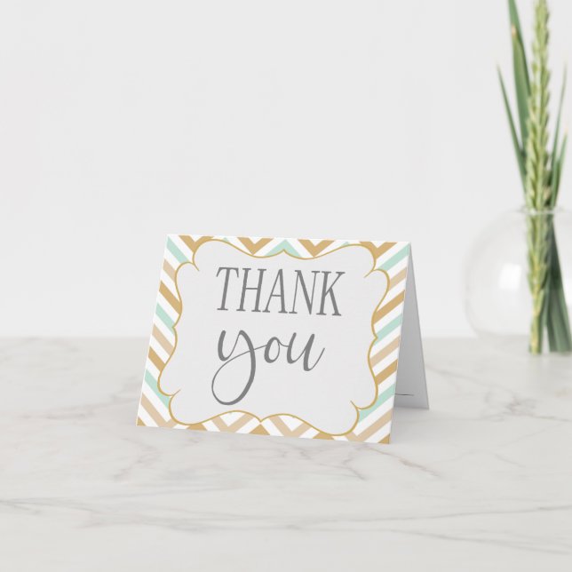 Pastel Gold and Green Zig Zag Baby Thank You Card (Front)