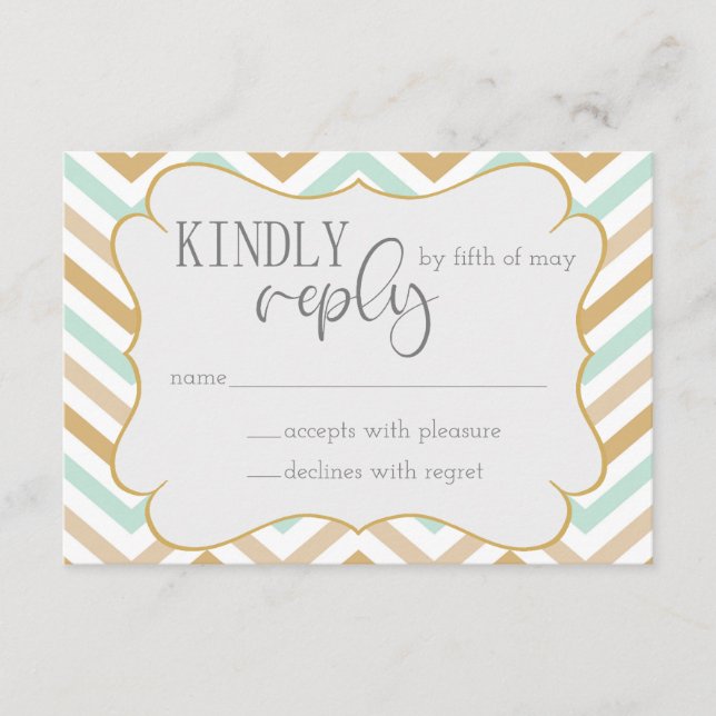 Pastel Gold and Green Zig Zag Neutral Baby RSVP Enclosure Card (Front)