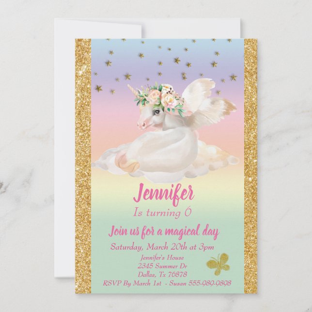 Pastel Gold Child's Gold Unicorn Pegasus Rainbow Invitation (Front)