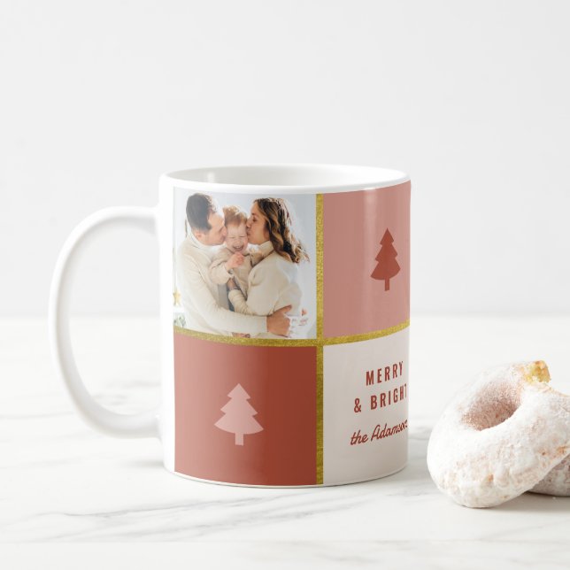 Pastel & Gold Christmas Tree 3 Photo Collage Coffee Mug (With Donut)