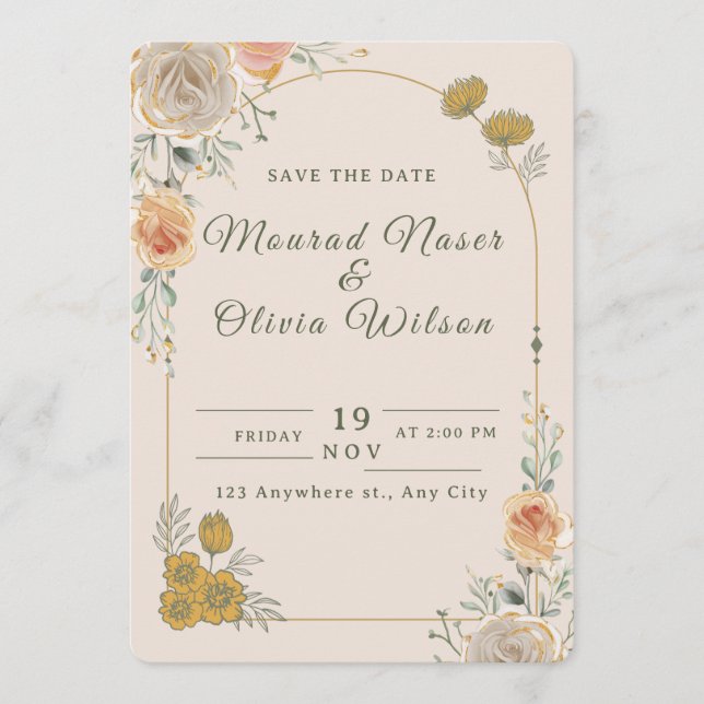 Pastel Gold Floral Wedding Save the Date Card (Front)