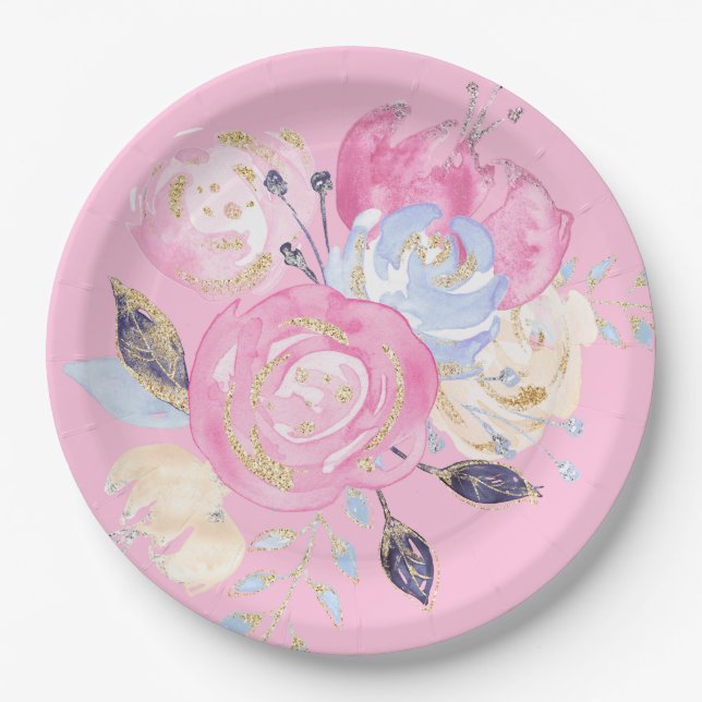 Pastel Gold Glitter  Flower Paper Plate (Front)