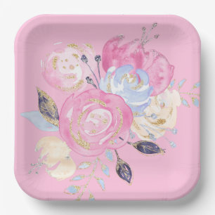 Pastel Gold Glitter  Flower Paper Plates