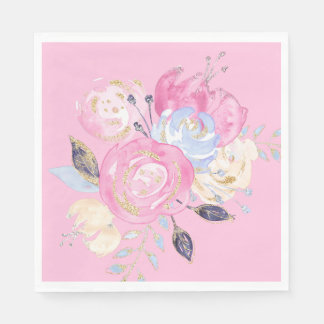 Pastel Gold Glitter  Flower Paper Plates Napkin