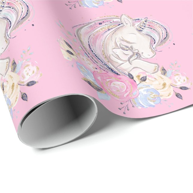 Pastel Gold Glitter Unicorn and Baby with Flower Wrapping Paper (Roll Corner)