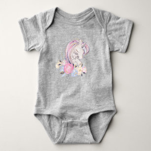 Pastel Gold Glitter Unicorn and Baby with Flowers Bodysuit