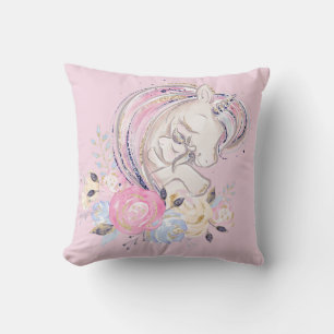 Pastel Gold Glitter Unicorn and Baby with Flowers Cushion
