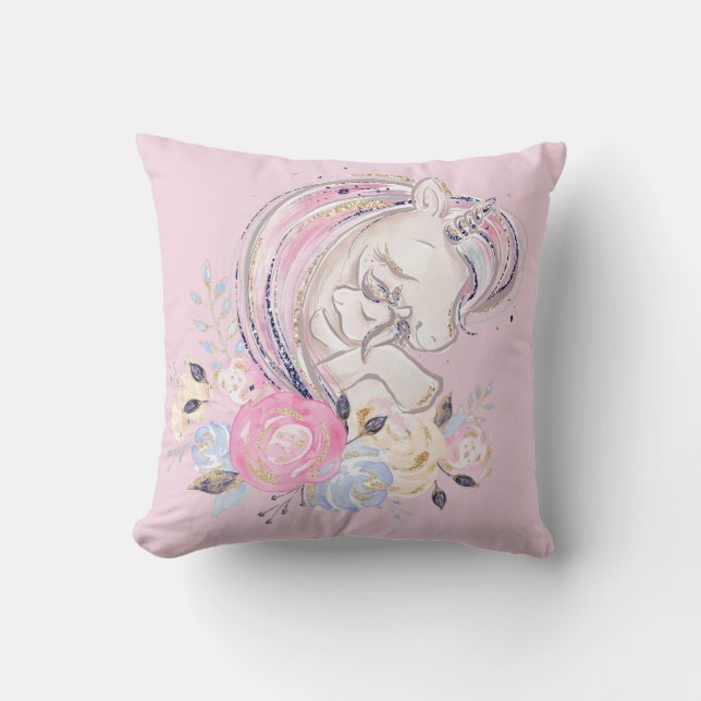 Pastel Gold Glitter Unicorn and Baby with Flowers Cushion (Front)