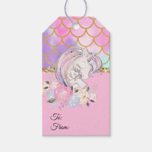 Pastel Gold Glitter Unicorn and Baby with Flowers Gift Tags