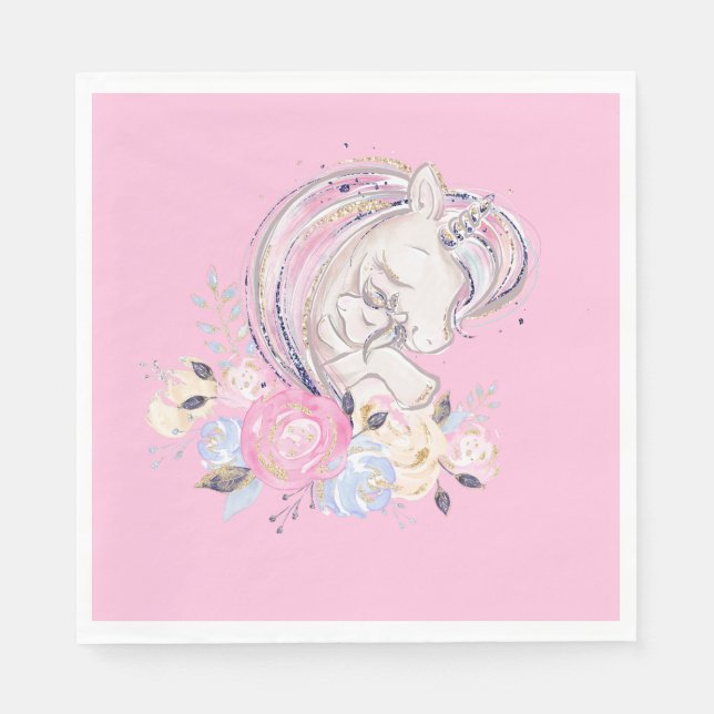Pastel Gold Glitter Unicorn and Baby with Flowers Napkin (Front)