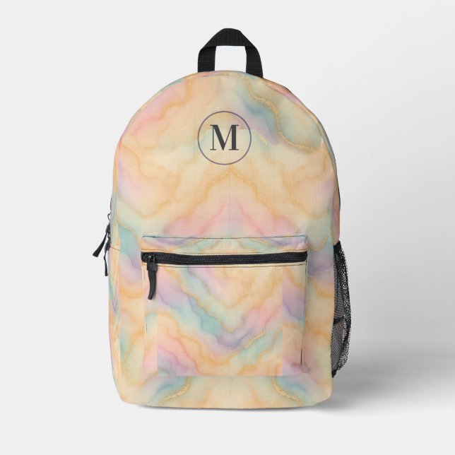 Pastel Gold Marble Backpack with Editable Initial (Front)