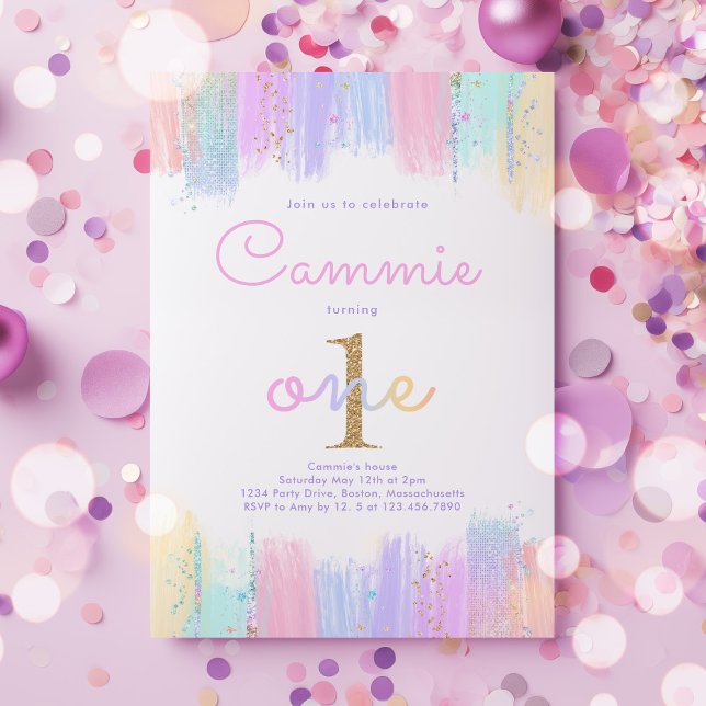 Pastel Gold Rainbow 1st Birthday Party Invitation (Creator Uploaded)