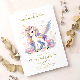 Pastel Gold Unicorn and Rainbow Magical Birthday Invitation