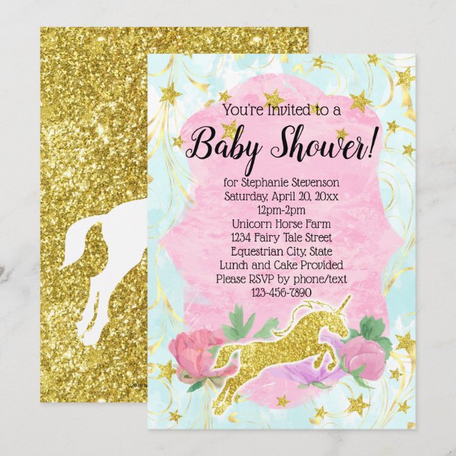 Pastel Gold Unicorn Baby Shower Invitation (Front/Back)