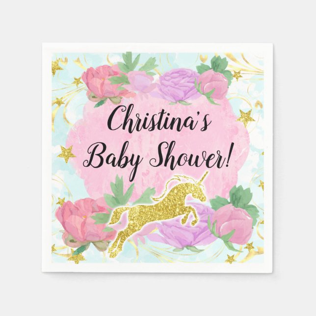 Pastel Gold Unicorn Girl Baby Shower Napkin (Front)