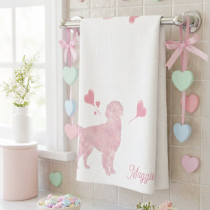Pastel Golden Retriever Valentine Custom Name Tea Towel