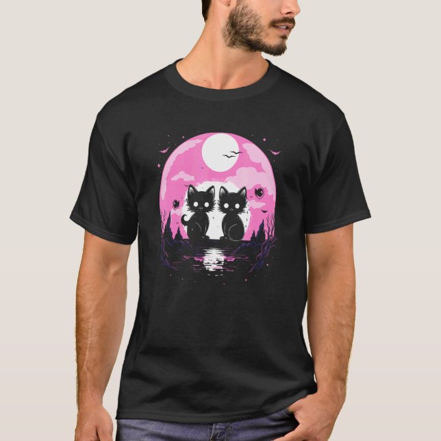 Pastel Goth Aesthetic Cat Tee Creepy Alien Moon Ca (Front)