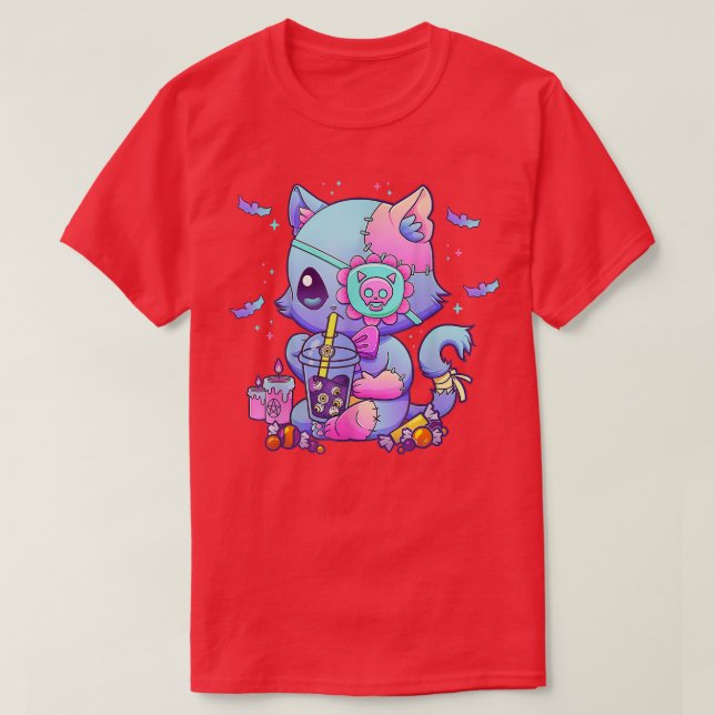 Pastel Goth Aesthetic Kawaii Creepy Cat Boba Tea E T-Shirt (Design Front)