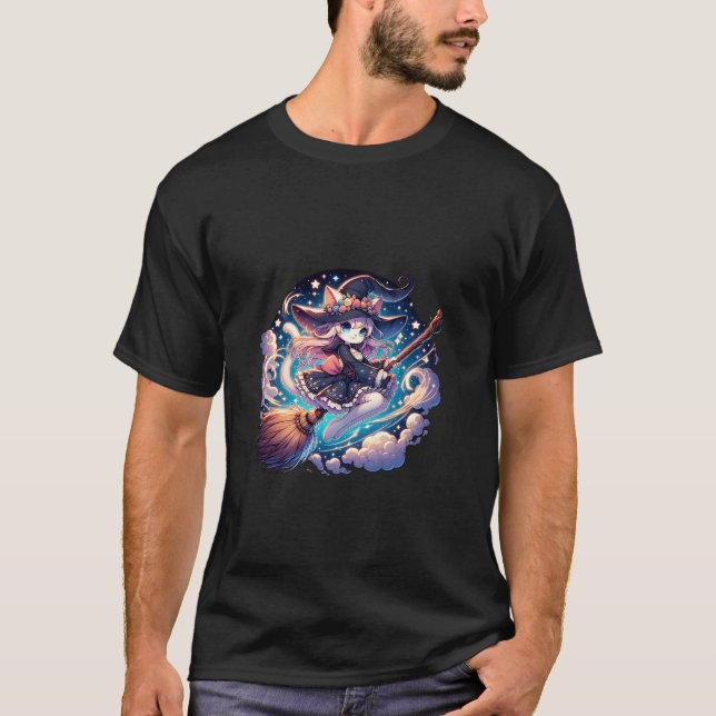 Pastel Goth Anime Flying Neko Witch Creepy Kawaii  T-Shirt (Front)