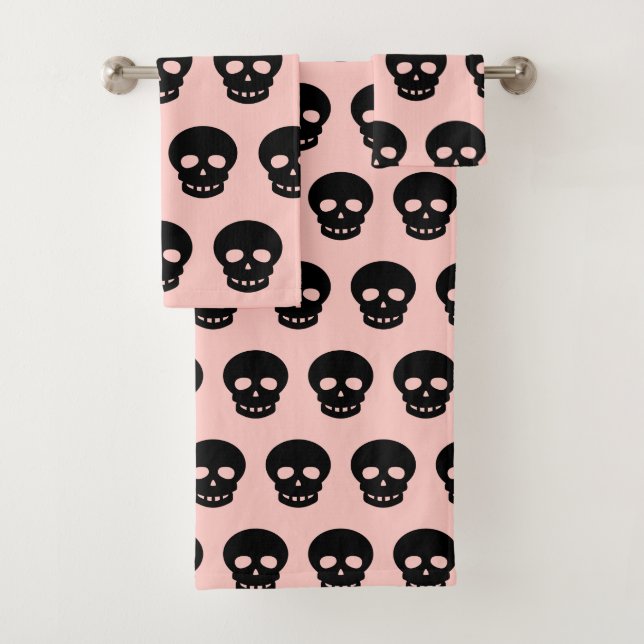 Pastel Goth Blush Pink BlackSkull Pattern Bath Towel Set (Insitu)