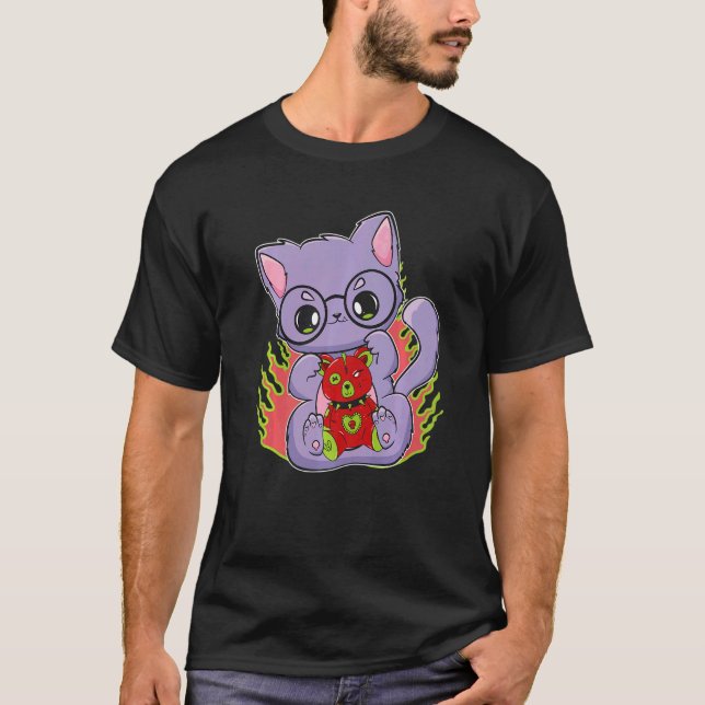Pastel Goth Cat With Teddy Bear For Horror Fans   T-Shirt (Front)