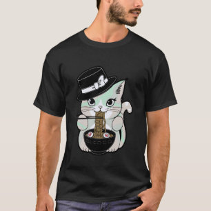 Pastel Goth Cute Cat Eating Noodles Under Moon T-Shirt