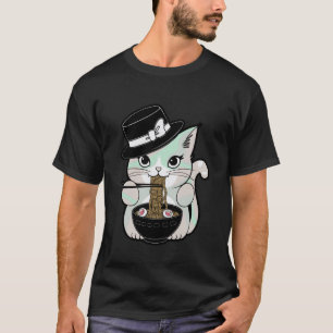 Pastel Goth Cute Cat Eating Noodles Under Moon T-Shirt