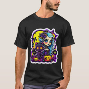 Pastel Goth Girl Black Cat Halloween Art T-Shirt