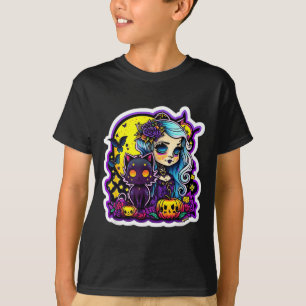 Pastel Goth Girl Black Cat Halloween Art T-Shirt