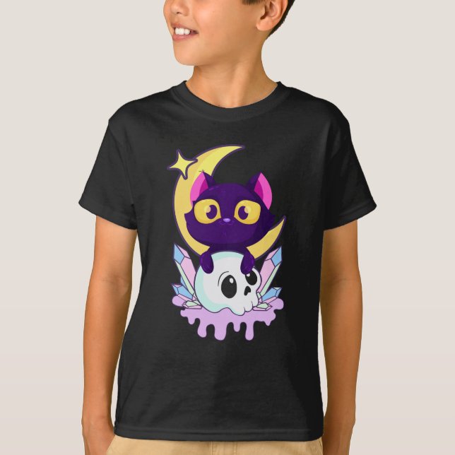 Pastel Goth Moon Wiccan Animal Cat Skull T-Shirt (Front)