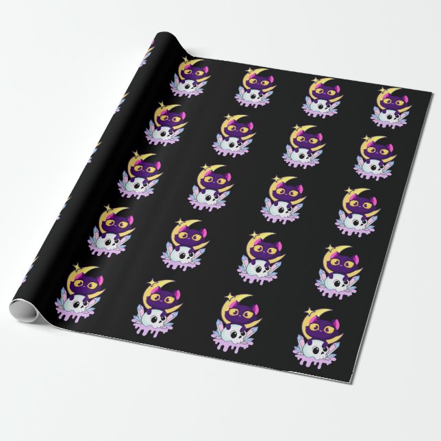 Pastel Goth Moon Wiccan Animal Cat Skull Wrapping Paper (Unrolled)