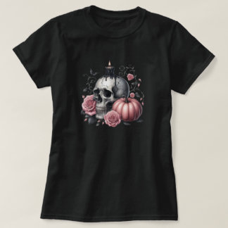 Pastel Goth Skull Candle with Roses and Pumpkin Te T-Shirt