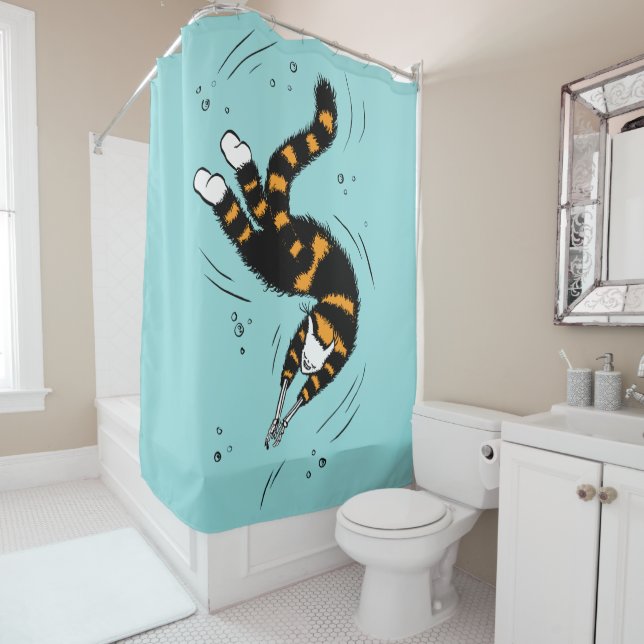 Pastel Goth Swimming Cat Skeleton Shower Curtain (In Situ)