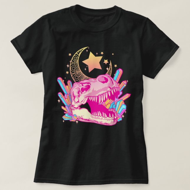 Pastel Goth T-Rex Skull Crystal Crescent Moon Aest T-Shirt (Design Front)