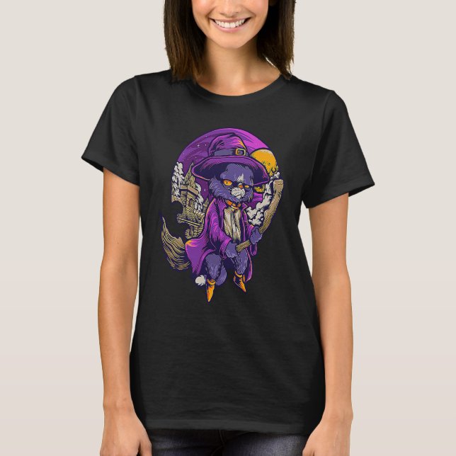 Pastel Goth Wicca Cat Cute Creepy Flying Witchy Ca T-Shirt (Front)
