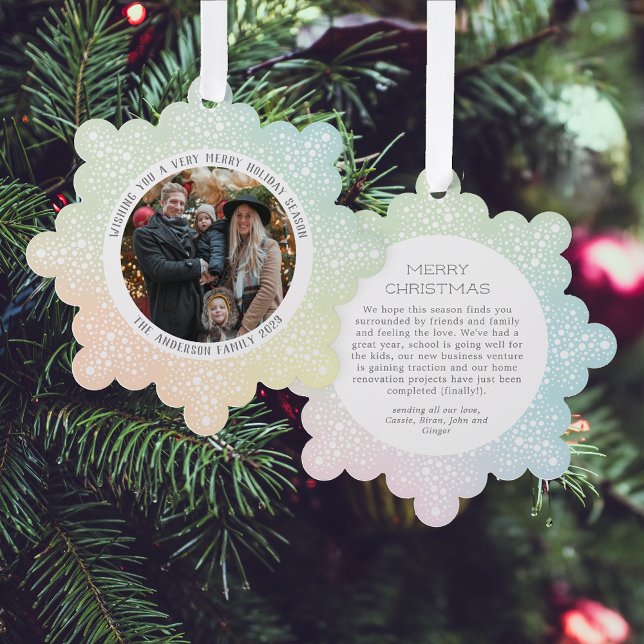 Pastel Gradient Blizzard Dots Snowy Photo Holiday Tree Decoration Card (Creator Uploaded)