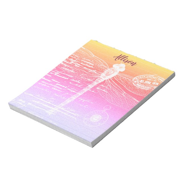Pastel gradient dragonfly personalised notepad (Rotated)