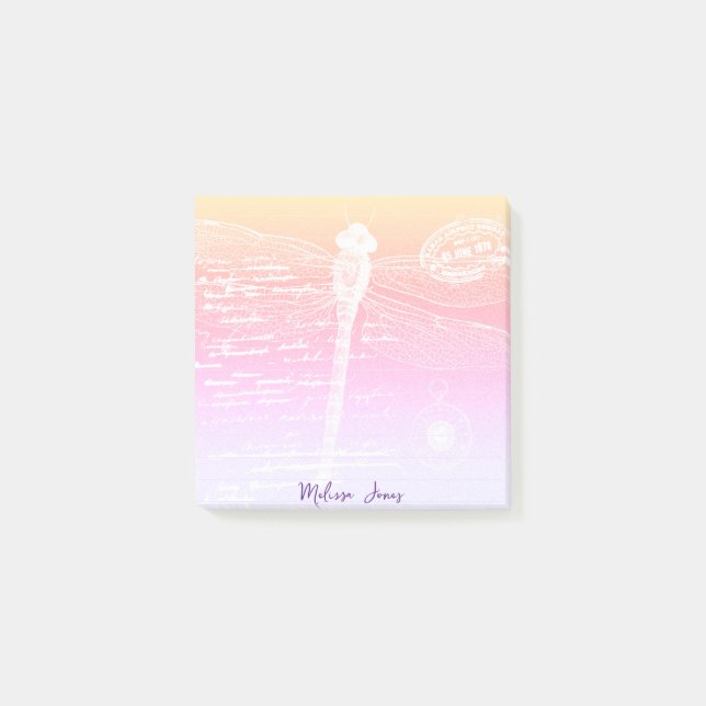 Pastel gradient dragonfly personalised post-it notes (Front)