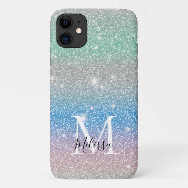 Pastel Gradient Glitter Sparkle Monogram Name Case-Mate iPhone Case (Back)