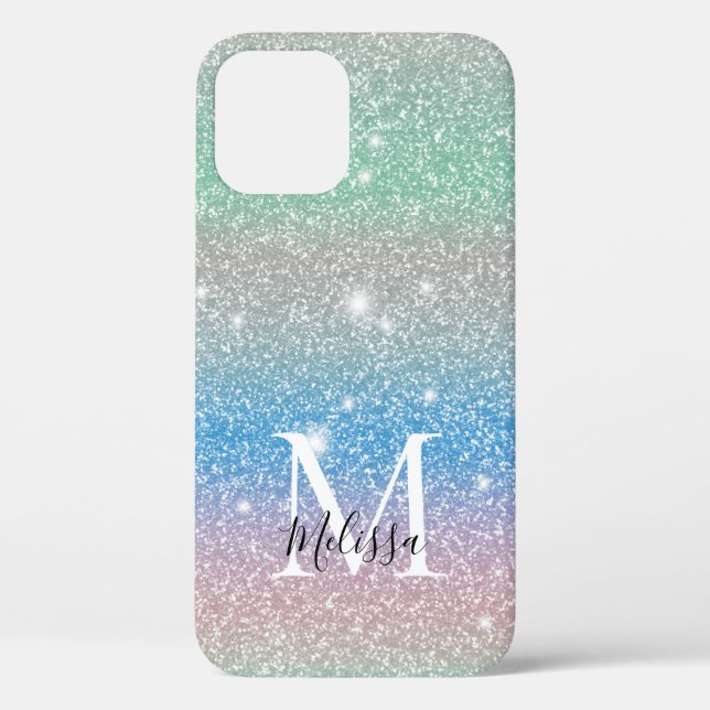Pastel Gradient Glitter Sparkle Monogram Name Case-Mate iPhone Case (Back)