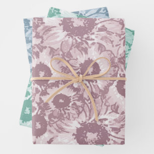 Pastel Gray Teal Green Floral Pattern Wrapping Paper Sheet