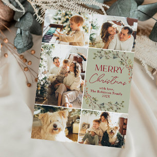 Pastel Green 5 Photo Merry Christmas Holiday Card