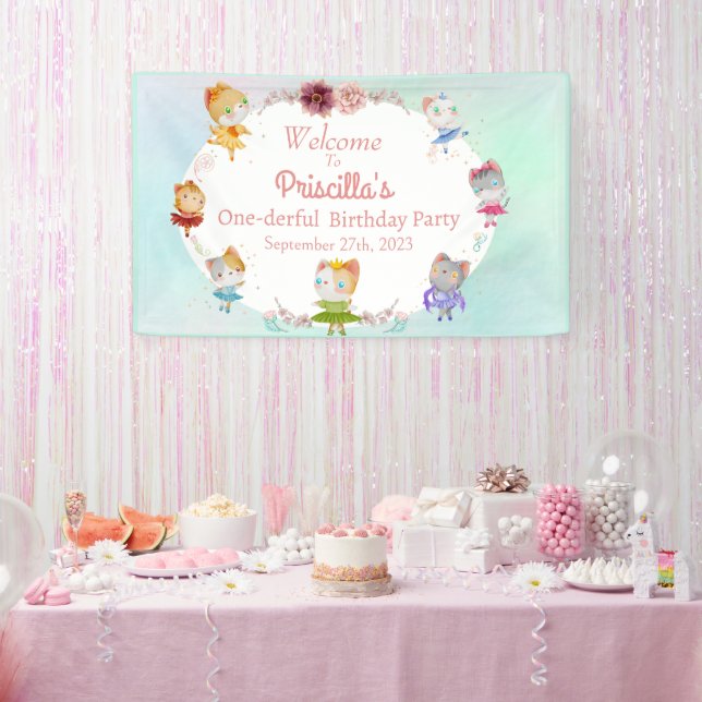 Pastel Green All Ballerina Cat Kids Birthday Party Banner (Party)