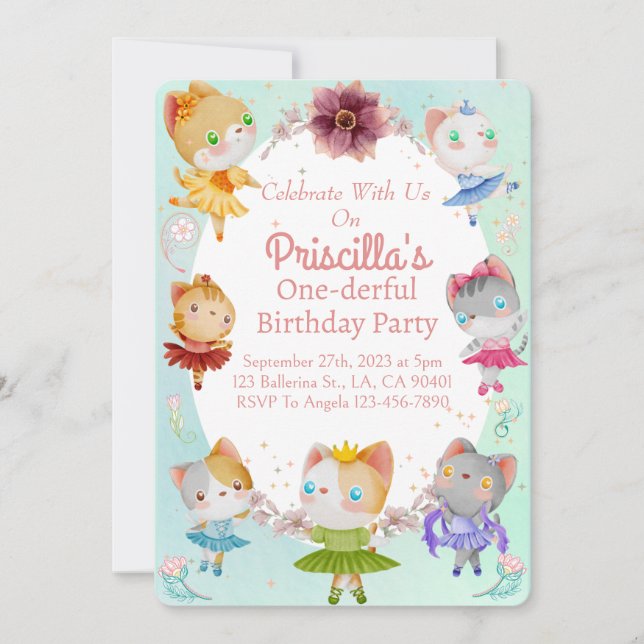 Pastel Green All Ballerina Cat Kids Birthday Party Invitation (Front)