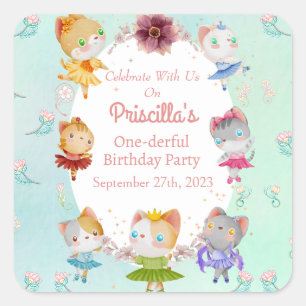 Pastel Green All Ballerina Cat Kids Birthday Party Square Sticker